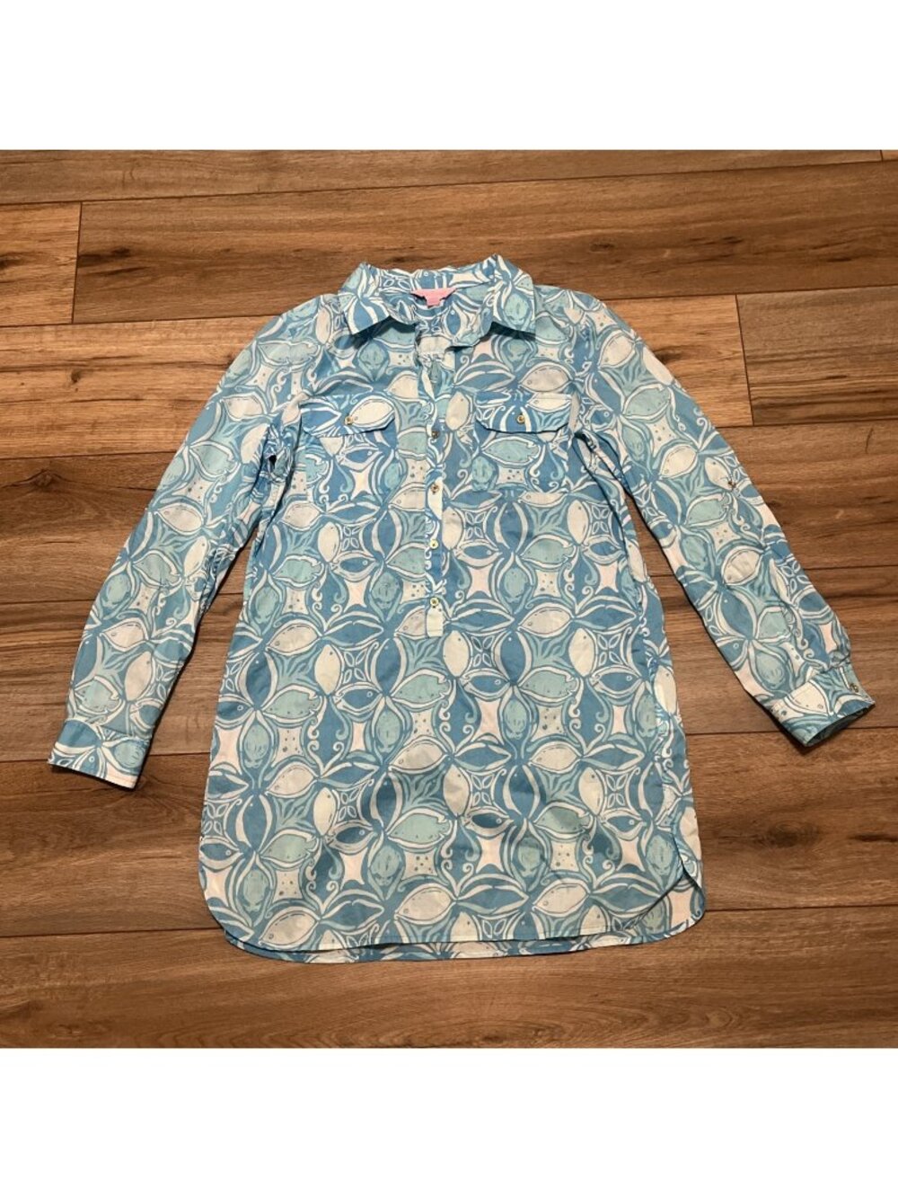 Lilly Pulitzer Captiva Tunic Top SZ Small Blue What A Racquet Button Up Blouse